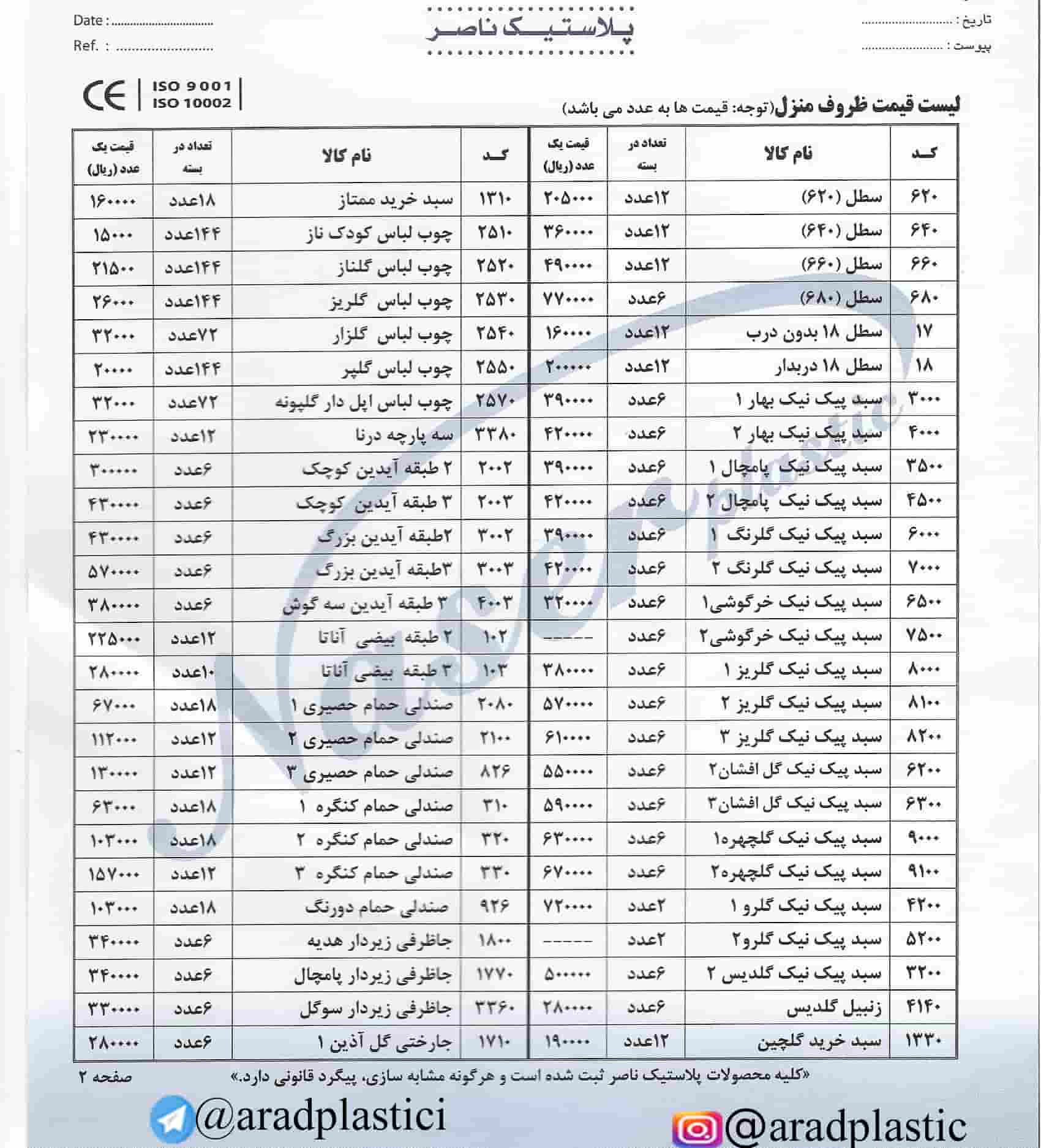 لیست قیمت محصولات ناصر پلاستیک در سال 97