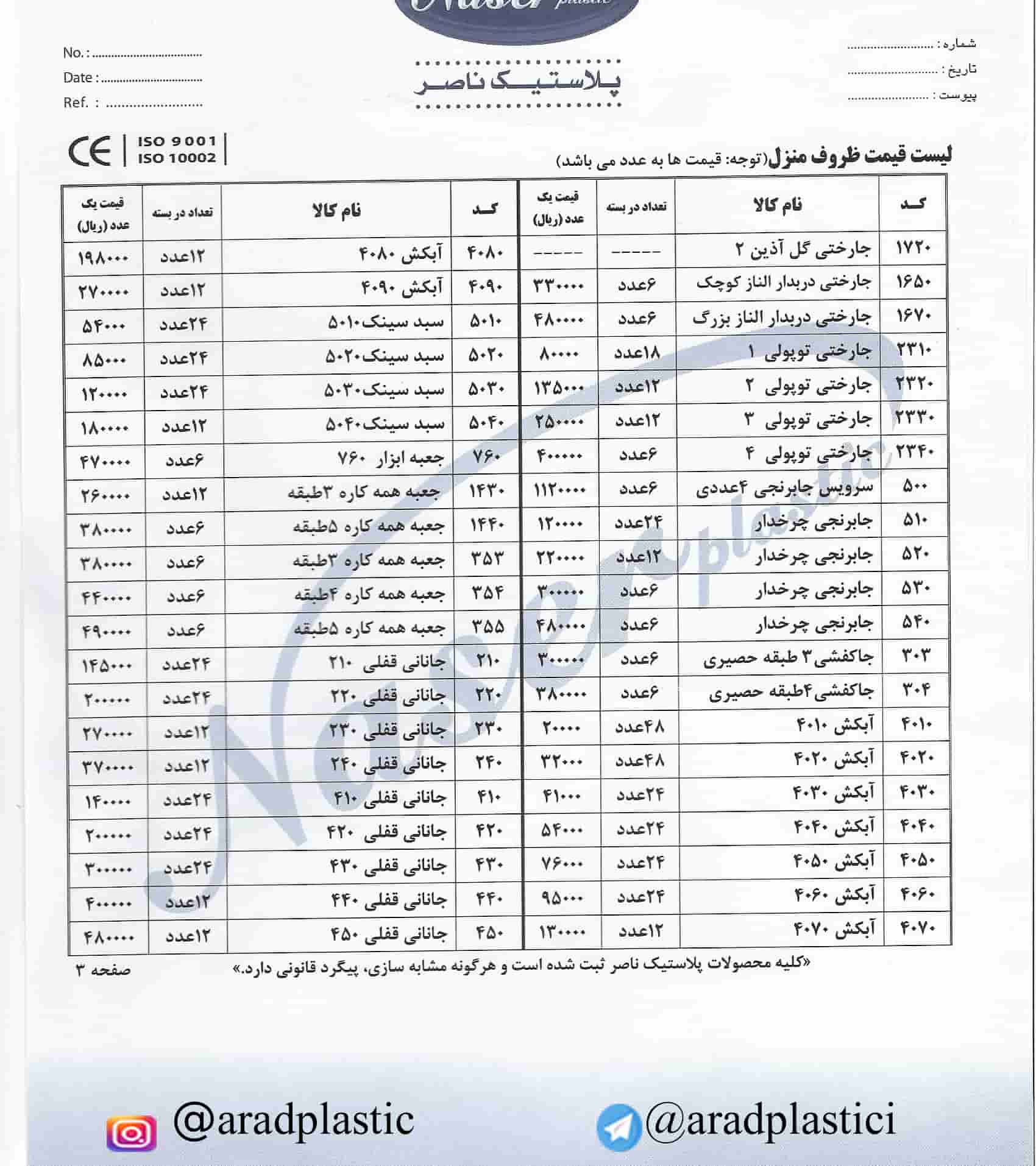 قیمت محصولات پلاستیکی ناصر